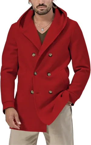 Mens Trench Coat with Hood Notched Lapel Double Breasted Peacoat Midi Long Jacket Windbreaker Overcoat Pea Coat Hoodie