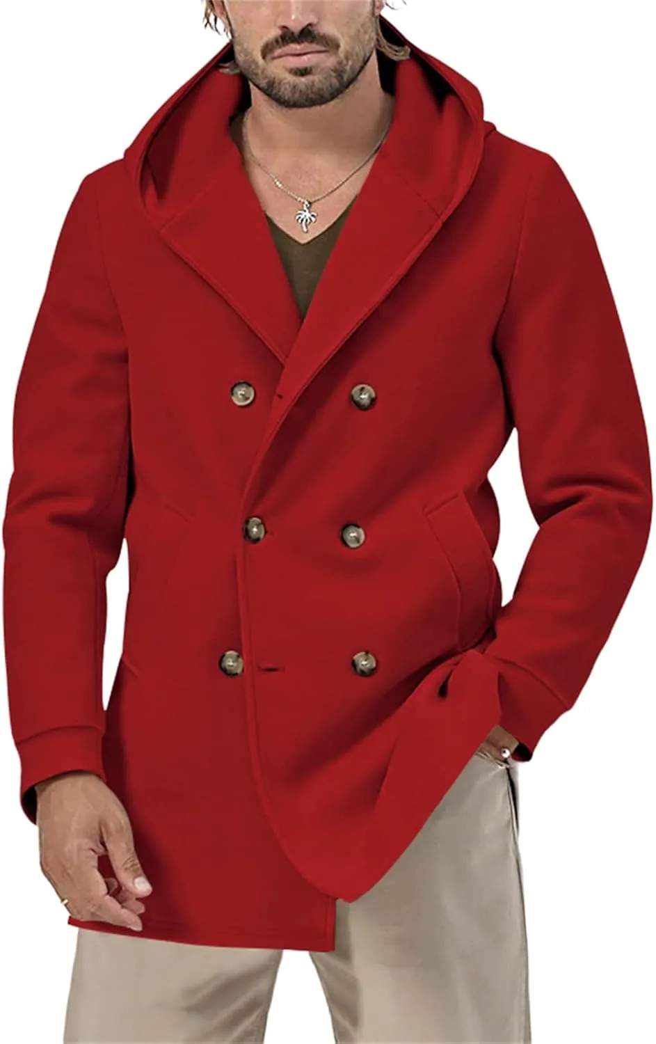 Mens Trench Coat with Hood Notched Lapel Double Breasted Peacoat Midi Long Jacket Windbreaker Overcoat Pea Coat Hoodie