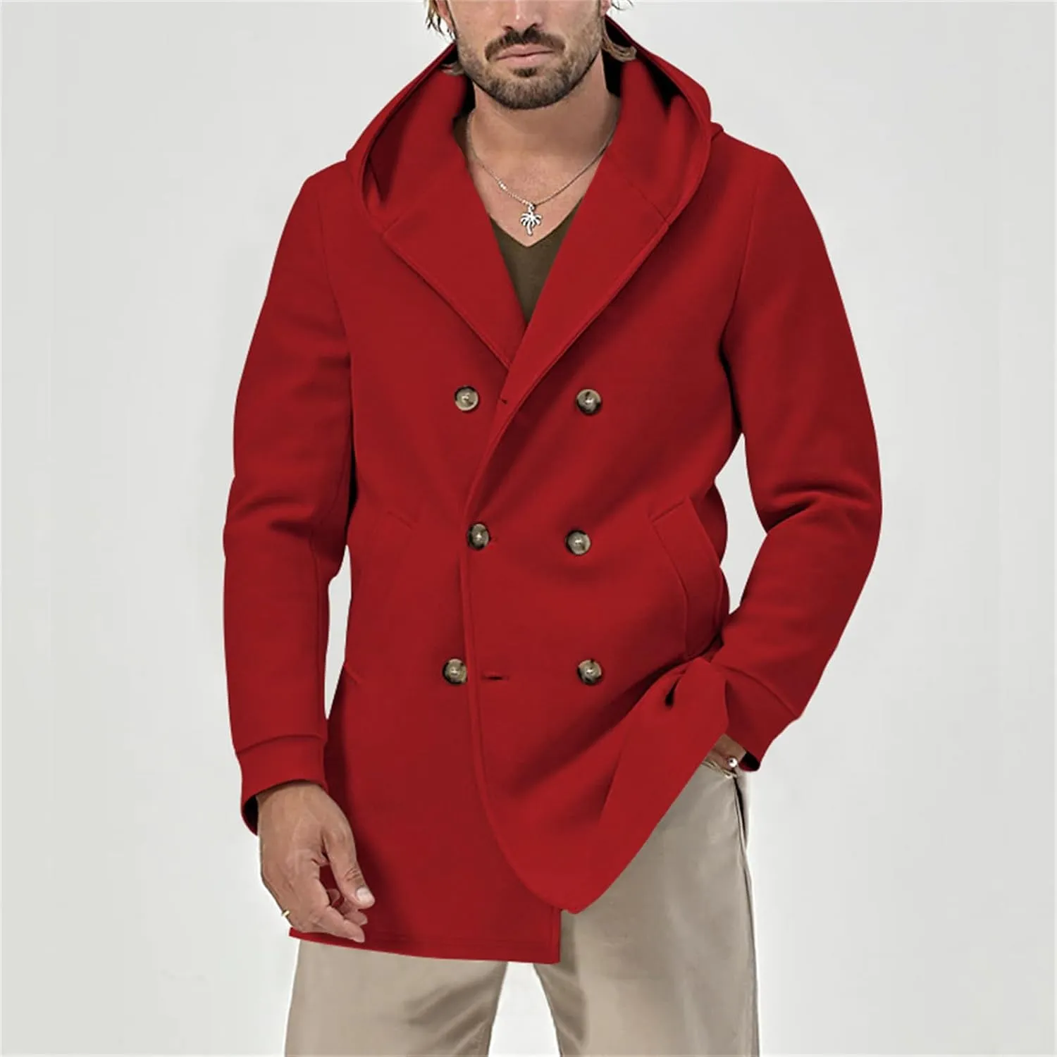 Mens Trench Coat with Hood Notched Lapel Double Breasted Peacoat Midi Long Jacket Windbreaker Overcoat Pea Coat Hoodie