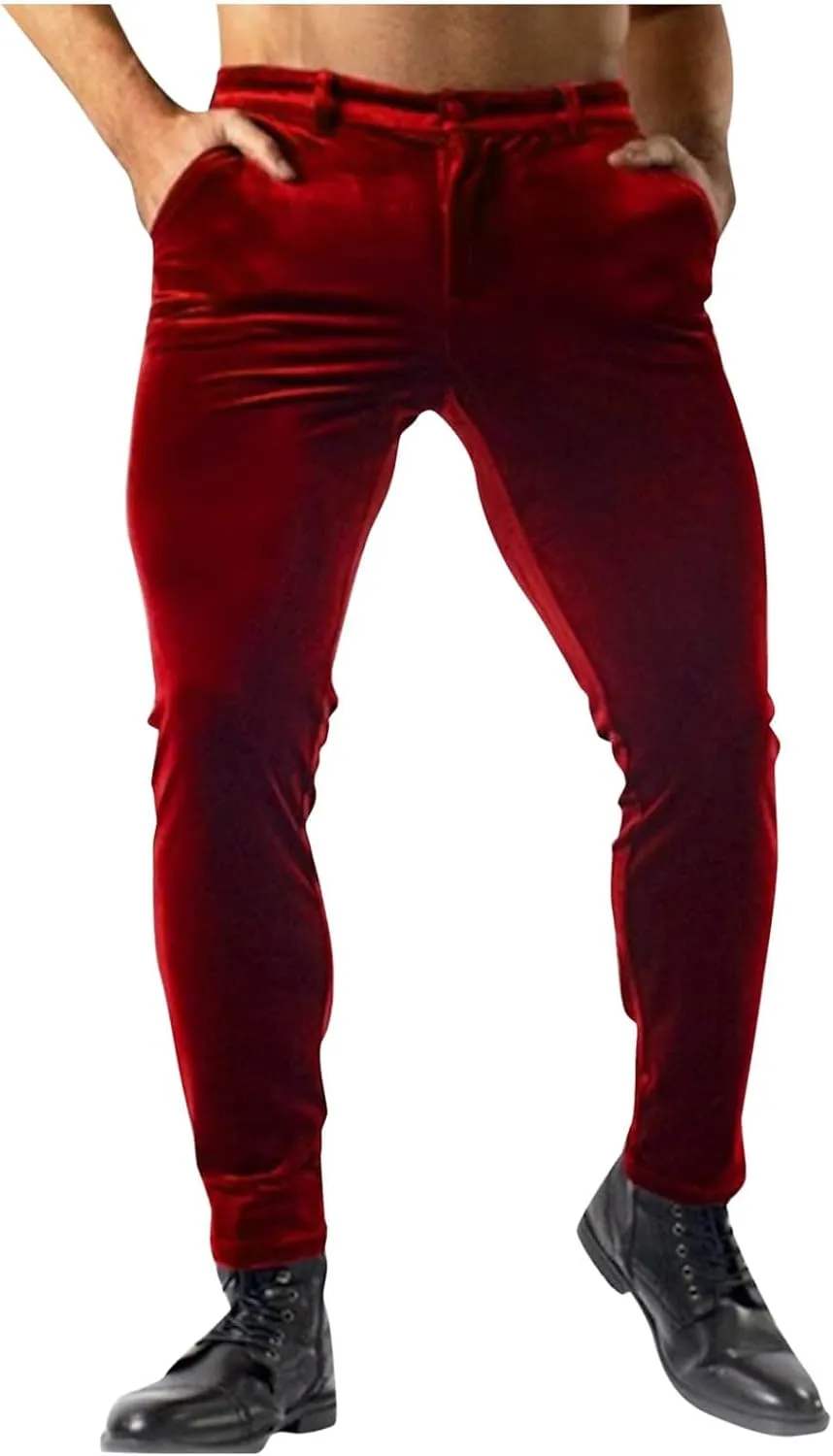 Men's Velvet Pants Slim Fit Party Dress Pants Velvet Trousers Elastic Waist Suit Pant Casual Soft Bottoms Solid Color