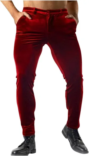 Men's Velvet Pants Slim Fit Party Dress Pants Velvet Trousers Elastic Waist Suit Pant Casual Soft Bottoms Solid Color