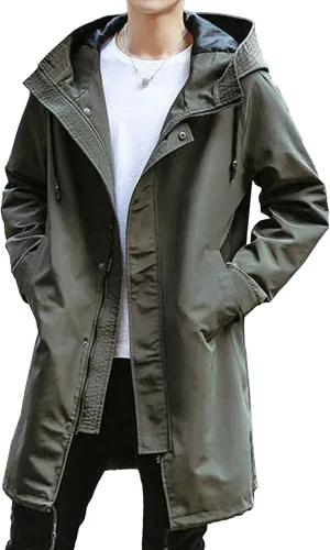 Men's Windbreaker Hooded Trench Coat Casual Lightweight Windproof Mid Long Overcoat Spring Fall Slim fit Jacket (Army Green 1,X-Large)
