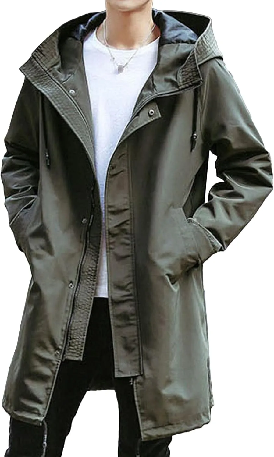 Men's Windbreaker Hooded Trench Coat Casual Lightweight Windproof Mid Long Overcoat Spring Fall Slim fit Jacket (Army Green 1,X-Large)