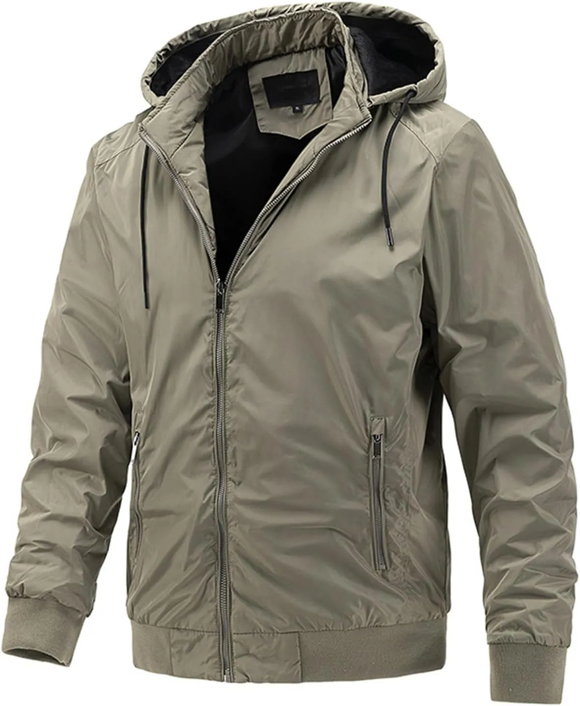 Mens Windproof Bomber Jacket Casual Slim Fit Hooded Windbreaker Jacket Windproof Full Zip Up with Zipper Stand Collar Jacket