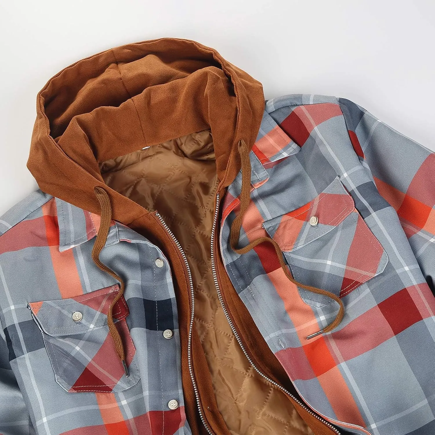 Mens Winter Coat Quilted Lined Plaid Warm With Hood Warm Windbreaker Jackets Heated Casual Hoodie