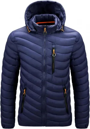 Mens Winter Coats Lightweight Puffer Jacket Hooded Quilted Puffer Coat Full Zip Up Padded Outwear with Removable Hood