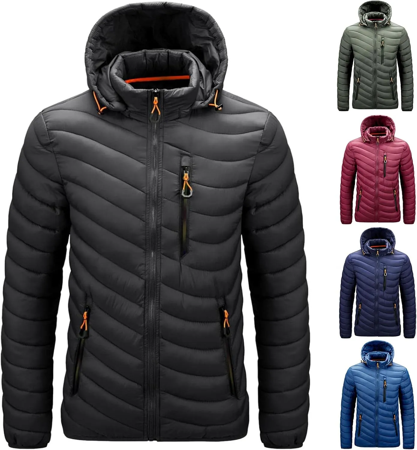 Mens Winter Coats Lightweight Puffer Jacket Hooded Quilted Puffer Coat Full Zip Up Padded Outwear with Removable Hood