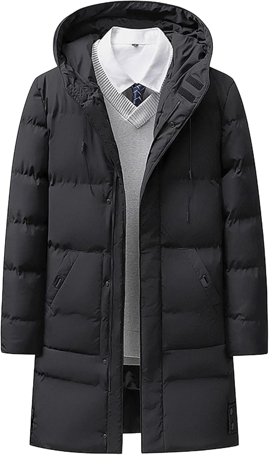 Mens Winter Coats Long Thicken Warm Parka Jacket Hooded Puffer Jackets Lightweight Windproof Padded Coat Outerwear