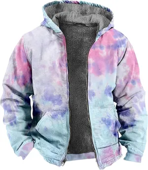 Men'S Winter Coats Tie-Dye Print Zipper Hooded Warm Windbreaker Jackets Oversized Heavy Hoodie