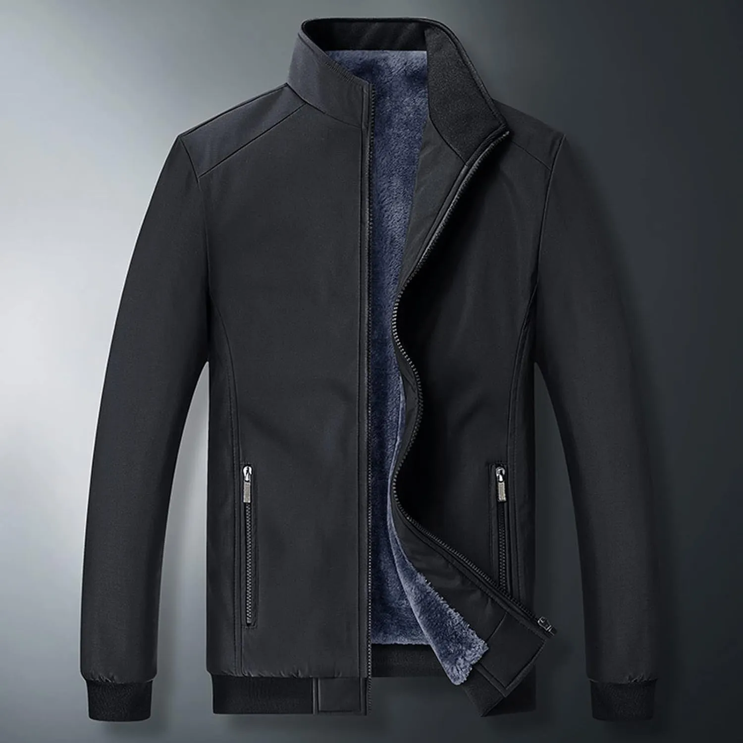 Mens Winter Outdoor Softshell Jacket Full Zip Stand Collar Chunky Coats Warm Fleece Lined Waterproof Hiking Work Jackets