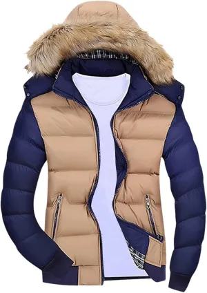 Mens Winter Warm Parka Coats Lightweight Thickened Puffer Down Jackets Hooded Windbreakers with Detachable Fur Hood