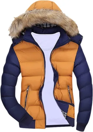 Mens Winter Warm Parka Coats Lightweight Thickened Puffer Down Jackets Hooded Windbreakers with Detachable Fur Hood