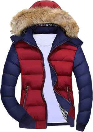 Mens Winter Warm Parka Coats Lightweight Thickened Puffer Down Jackets Hooded Windbreakers with Detachable Fur Hood