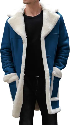Mens Winter Warm Sherpa Fleece Lined Long Trench Coat with Fur Collar Faux Leather Shearling Jacket Pocket