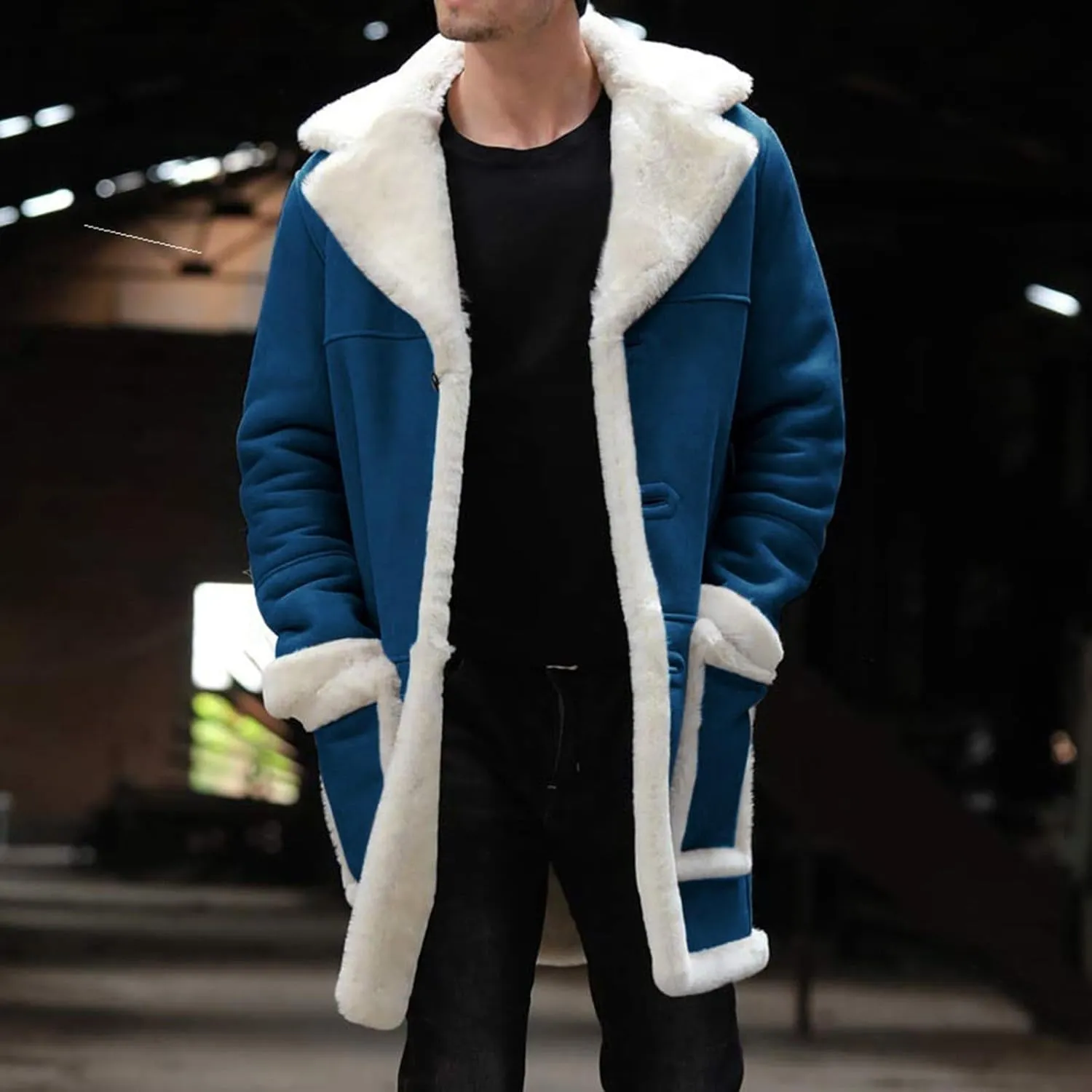 Mens Winter Warm Sherpa Fleece Lined Long Trench Coat with Fur Collar Faux Leather Shearling Jacket Pocket