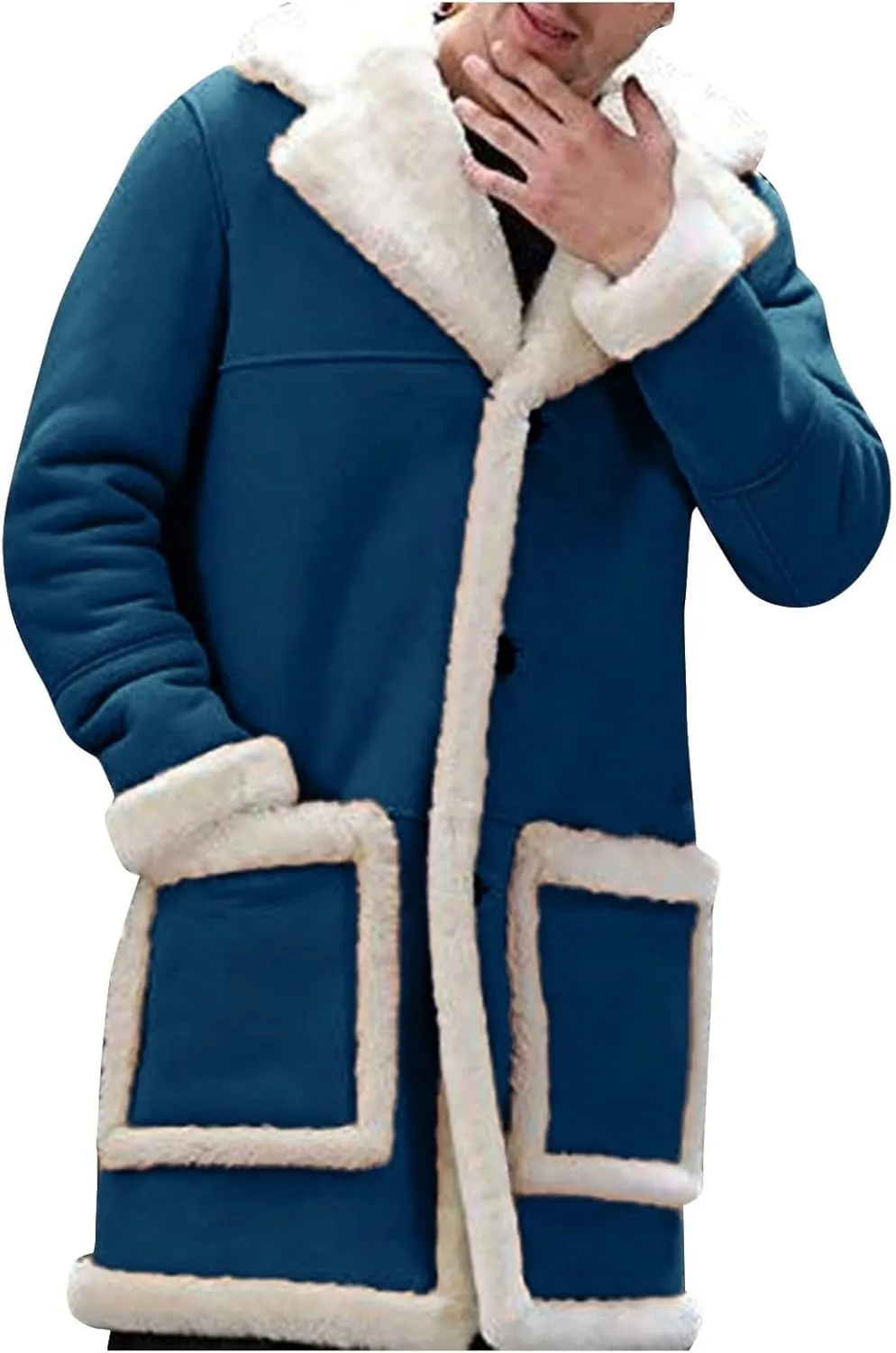 Mens Winter Warm Sherpa Fleece Lined Long Trench Coat with Fur Collar Faux Leather Shearling Jacket Pocket
