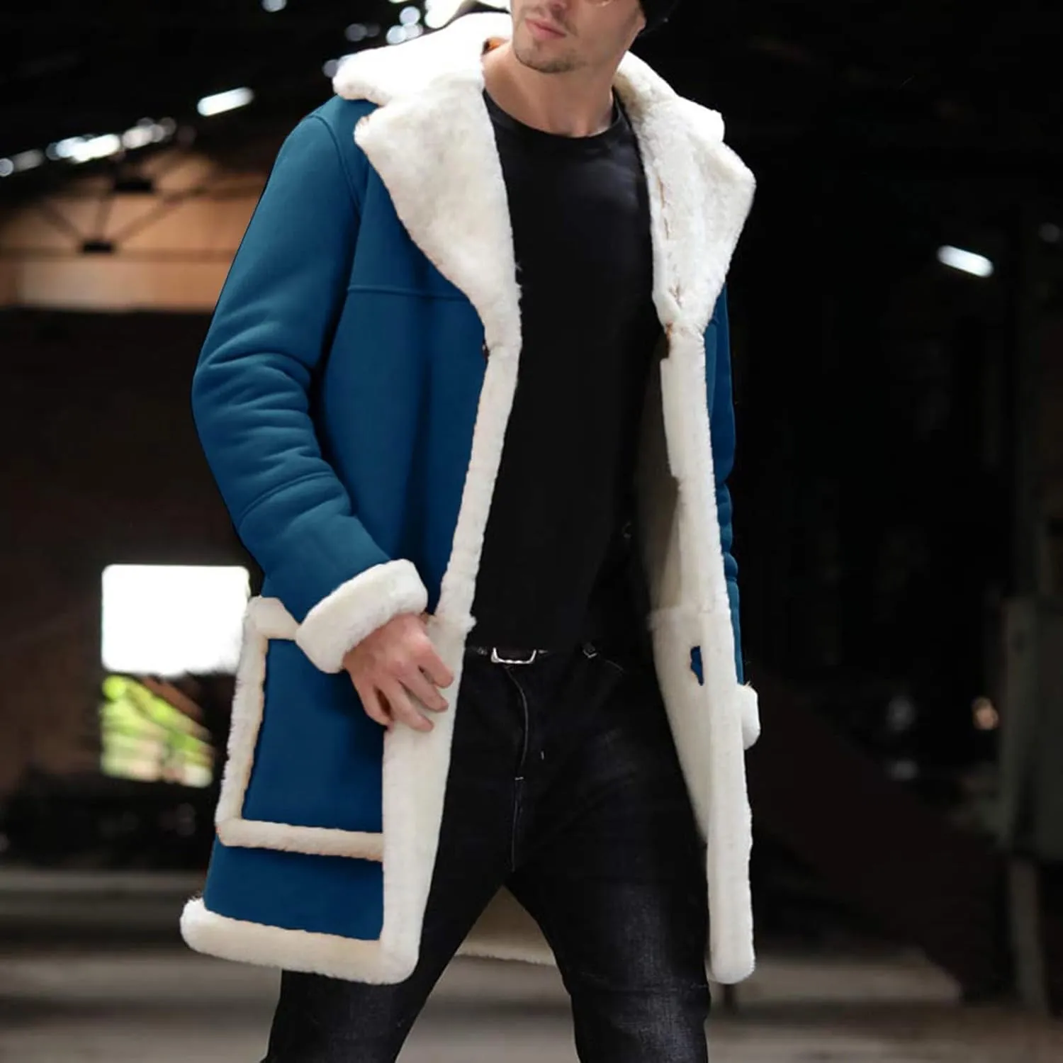 Mens Winter Warm Sherpa Fleece Lined Long Trench Coat with Fur Collar Faux Leather Shearling Jacket Pocket