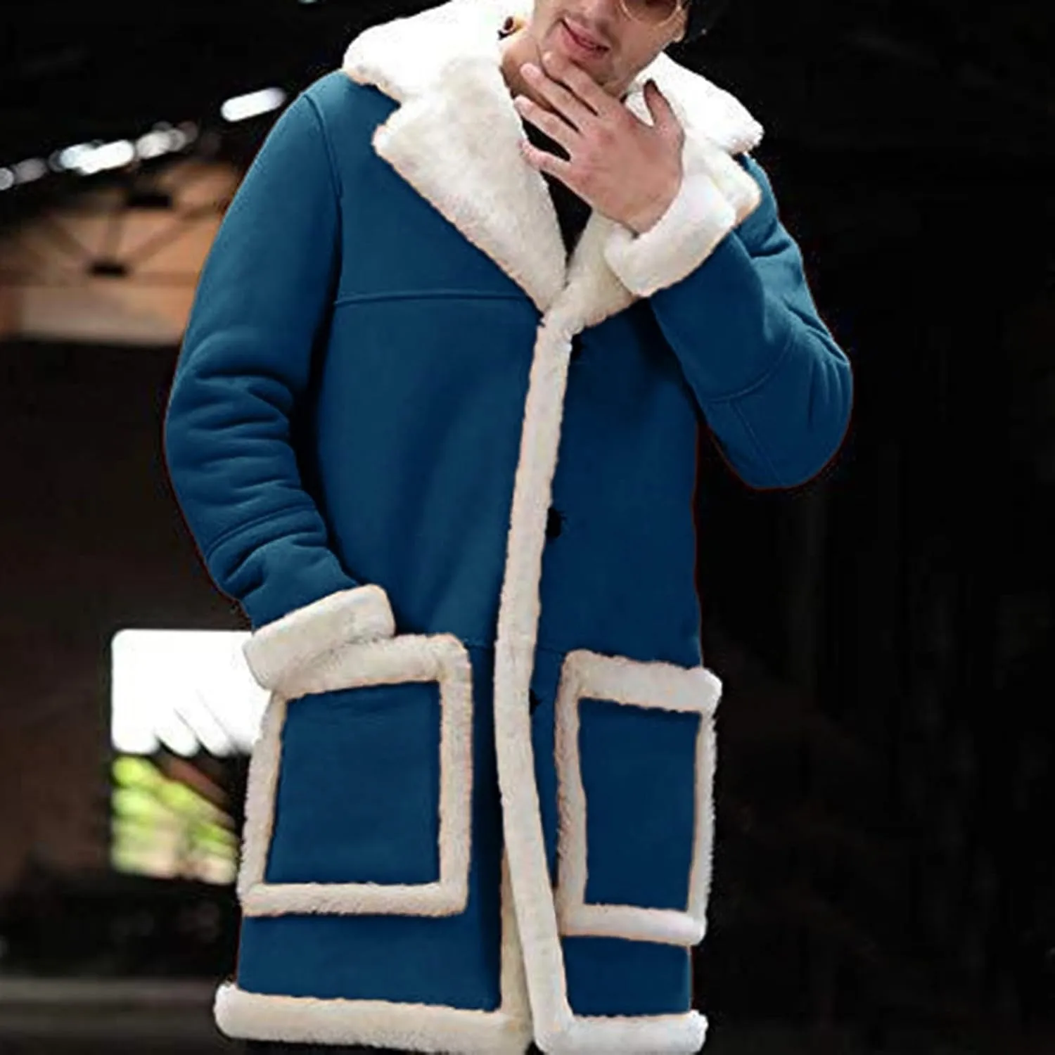 Mens Winter Warm Sherpa Fleece Lined Long Trench Coat with Fur Collar Faux Leather Shearling Jacket Pocket