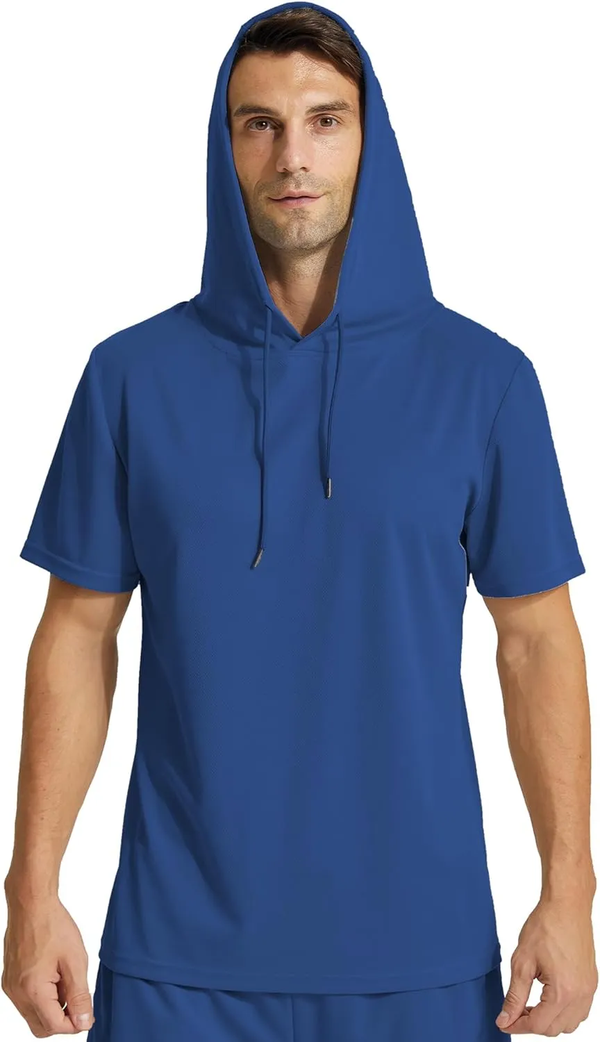 Mens Workout Athletic Hoodie Shirts Short Sleeve Lightweight Gym Muscle Fit Running T-Shirts Sweatshirt Hooded