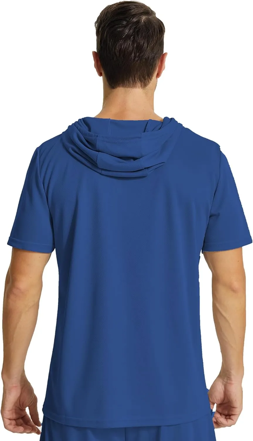 Mens Workout Athletic Hoodie Shirts Short Sleeve Lightweight Gym Muscle Fit Running T-Shirts Sweatshirt Hooded