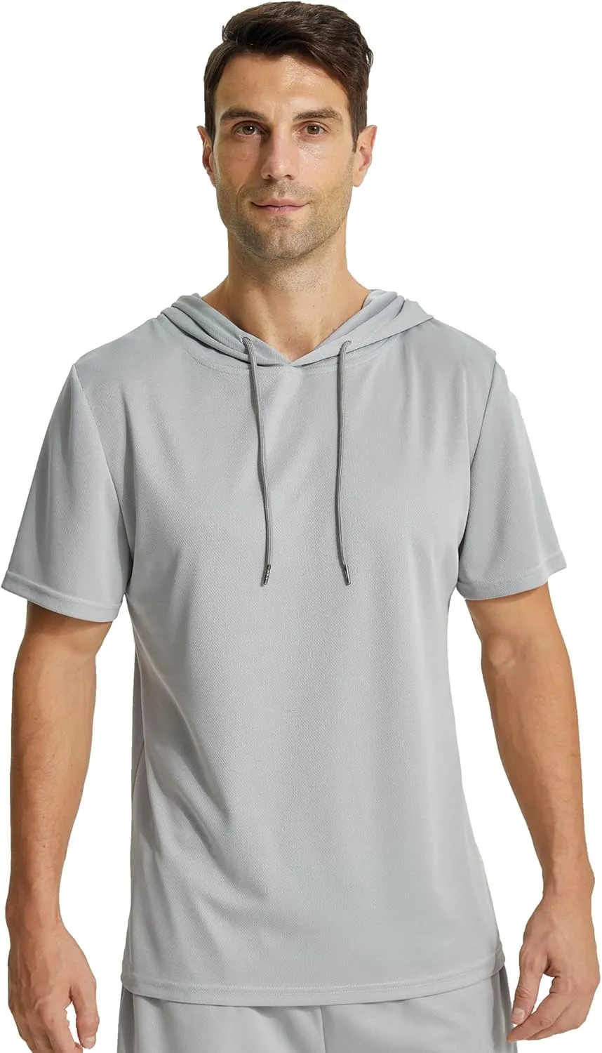 Mens Workout Athletic Hoodie Shirts Short Sleeve Lightweight Gym Muscle Fit Running T-Shirts Sweatshirt Hooded