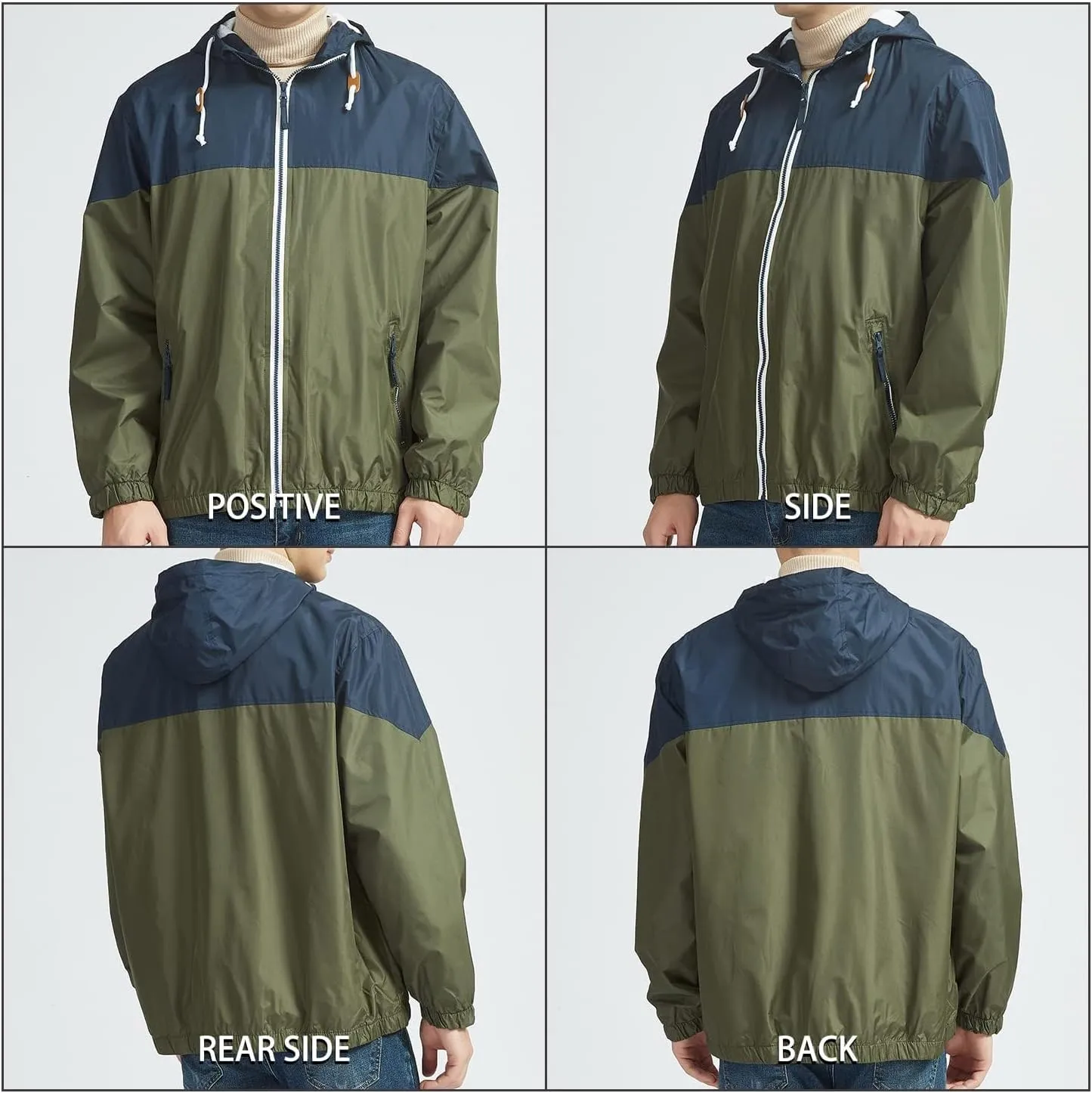 Mens Zip Up Jackets Hooded Waterproof Retro Windbreakers Loose Coats Fashion Lapel Color Block Clothes with Pocket