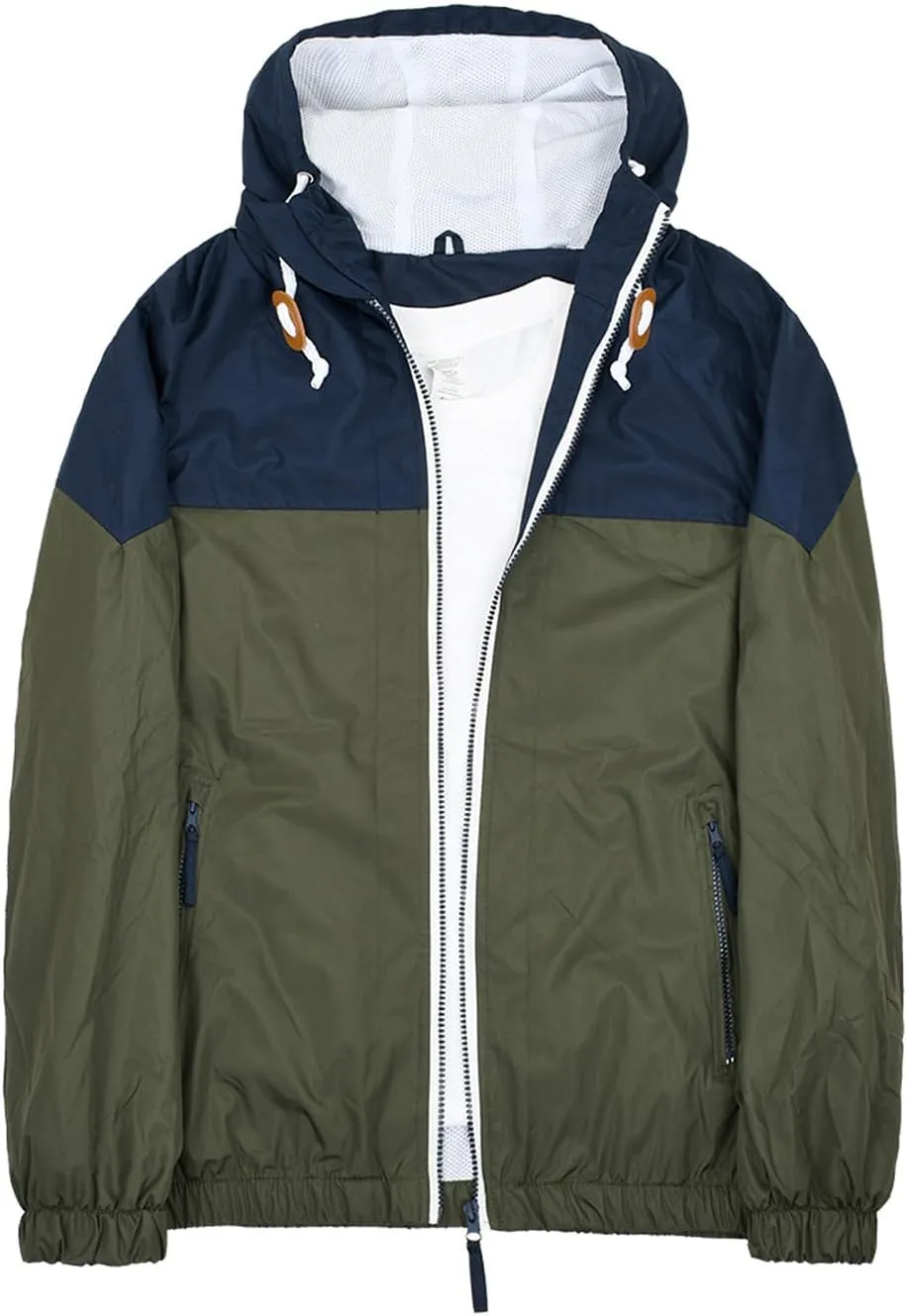 Mens Zip Up Jackets Hooded Waterproof Retro Windbreakers Loose Coats Fashion Lapel Color Block Clothes with Pocket