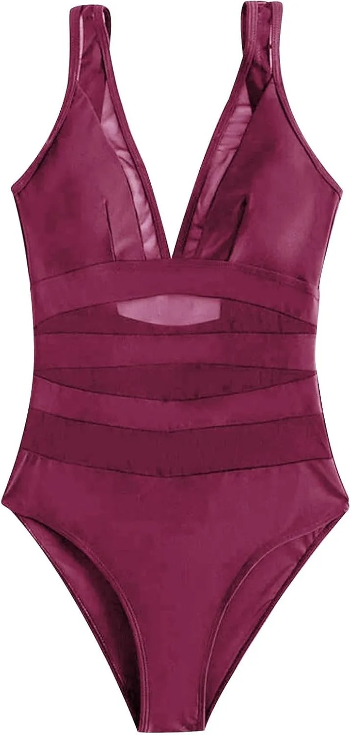 Mesh One Piece Swimsuit Womens Sexy V Neck Solid Color Backless Tummy Control High Cut Bathing Suits Monokini Swimwear