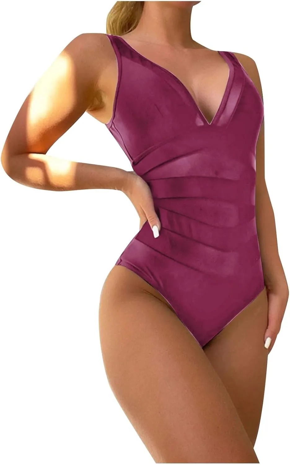 Mesh One Piece Swimsuit Womens Sexy V Neck Solid Color Backless Tummy Control High Cut Bathing Suits Monokini Swimwear