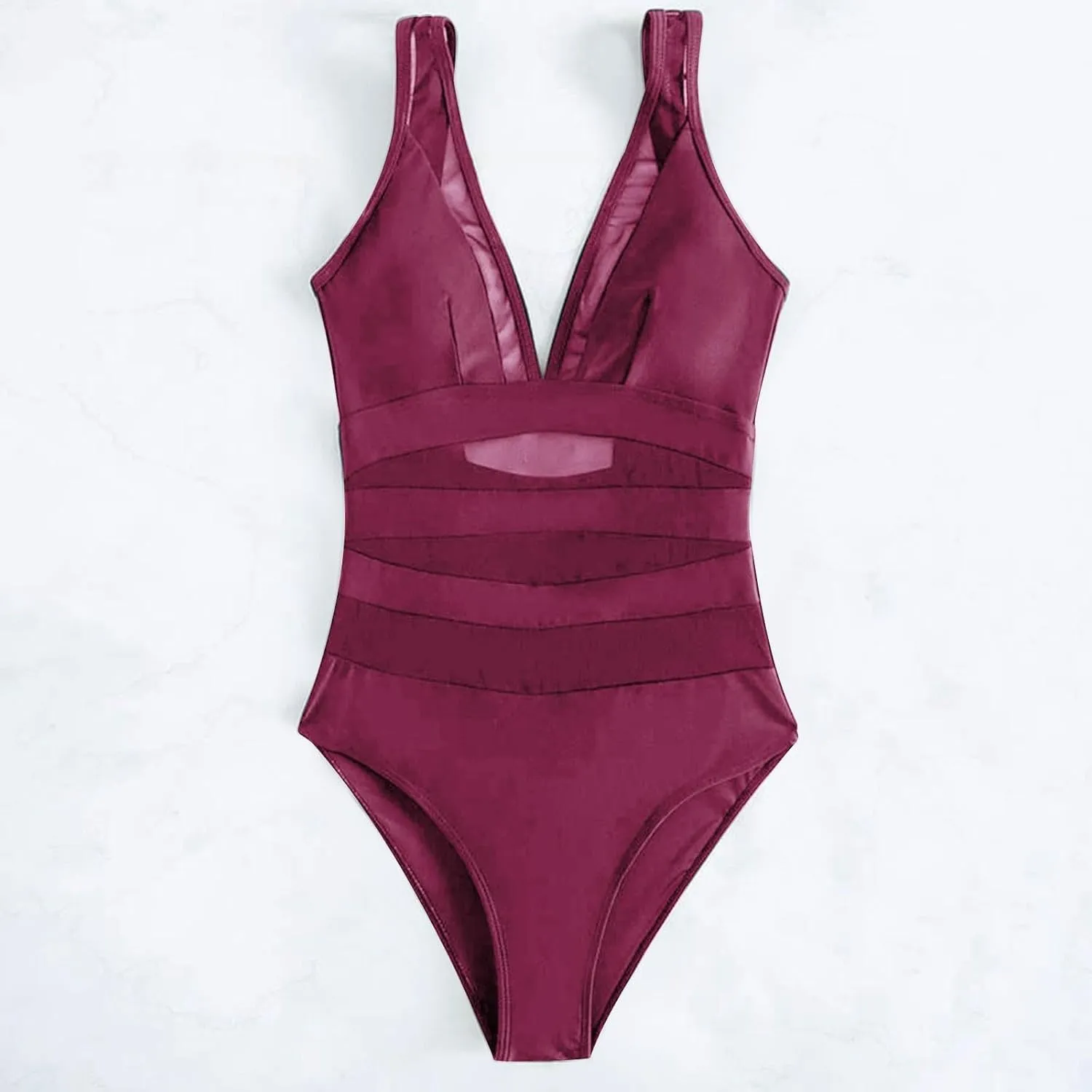 Mesh One Piece Swimsuit Womens Sexy V Neck Solid Color Backless Tummy Control High Cut Bathing Suits Monokini Swimwear