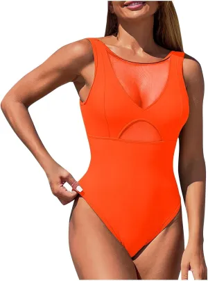 Mesh One Piece Swimsuits Monokini for Women Sexy Backless Tummy Control Bathing Suits Solid Color Slimming Swimwear