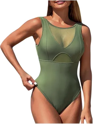 Mesh One Piece Swimsuits Monokini for Women Sexy Backless Tummy Control Bathing Suits Solid Color Slimming Swimwear