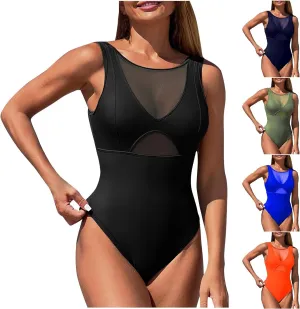 Mesh One Piece Swimsuits Monokini for Women Sexy Backless Tummy Control Bathing Suits Solid Color Slimming Swimwear