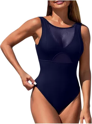 Mesh One Piece Swimsuits Monokini for Women Sexy Backless Tummy Control Bathing Suits Solid Color Slimming Swimwear