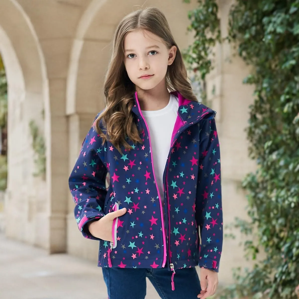 MGEOY Boys Girls Rain Jacket Lightweight Waterproof Hooded Fleece Lined Raincoat Windbreakers for Kids