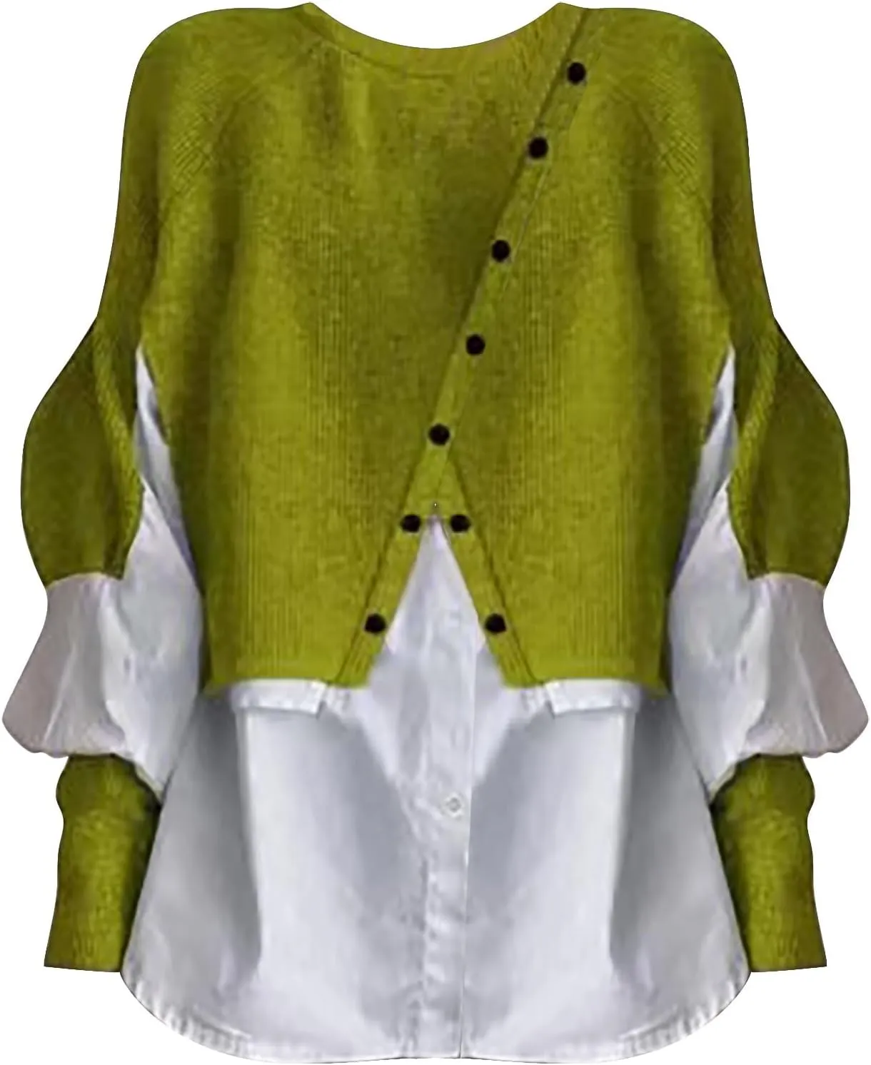 Miyaomn Womens Trendy Patchwork Shirts 2 in 1 Oblique Buttons Lantern Sleeve Pullover Sweater Casual Layered Raglan Loose Top