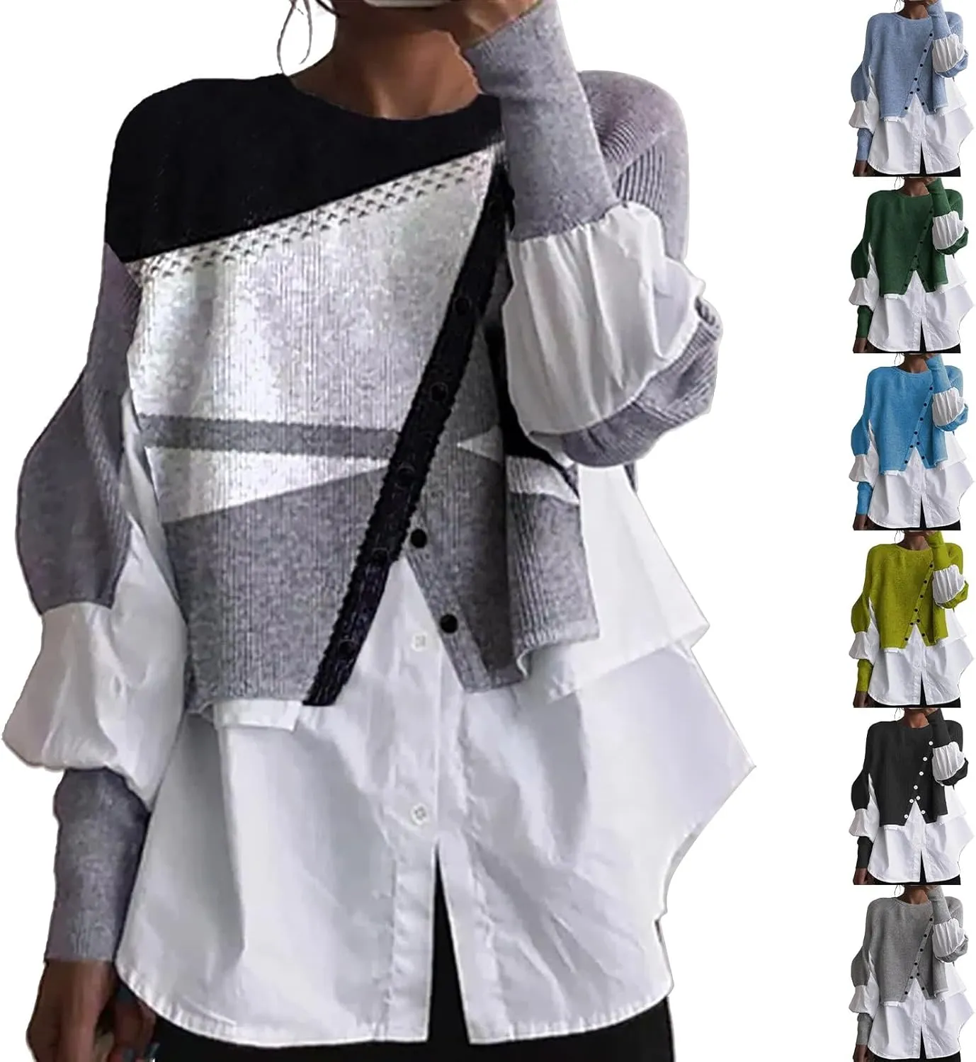 Miyaomn Womens Trendy Patchwork Shirts 2 in 1 Oblique Buttons Lantern Sleeve Pullover Sweater Casual Layered Raglan Loose Top