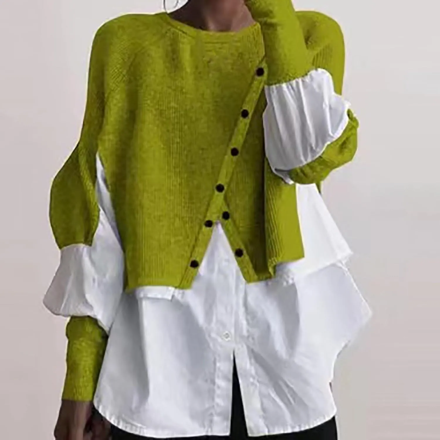 Miyaomn Womens Trendy Patchwork Shirts 2 in 1 Oblique Buttons Lantern Sleeve Pullover Sweater Casual Layered Raglan Loose Top