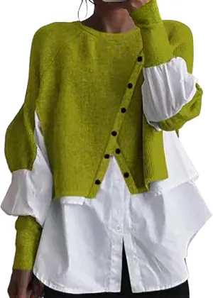 Miyaomn Womens Trendy Patchwork Shirts 2 in 1 Oblique Buttons Lantern Sleeve Pullover Sweater Casual Layered Raglan Loose Top