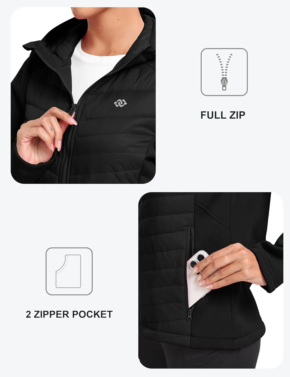 MoFiz Womens Fleece Lined Softshell Jacket Hooded Lightweight Insulated Puffer Hybrid Down Jacket Full Zip Running Coat