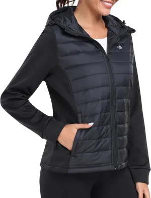 MoFiz Womens Fleece Lined Softshell Jacket Hooded Lightweight Insulated Puffer Hybrid Down Jacket Full Zip Running Coat