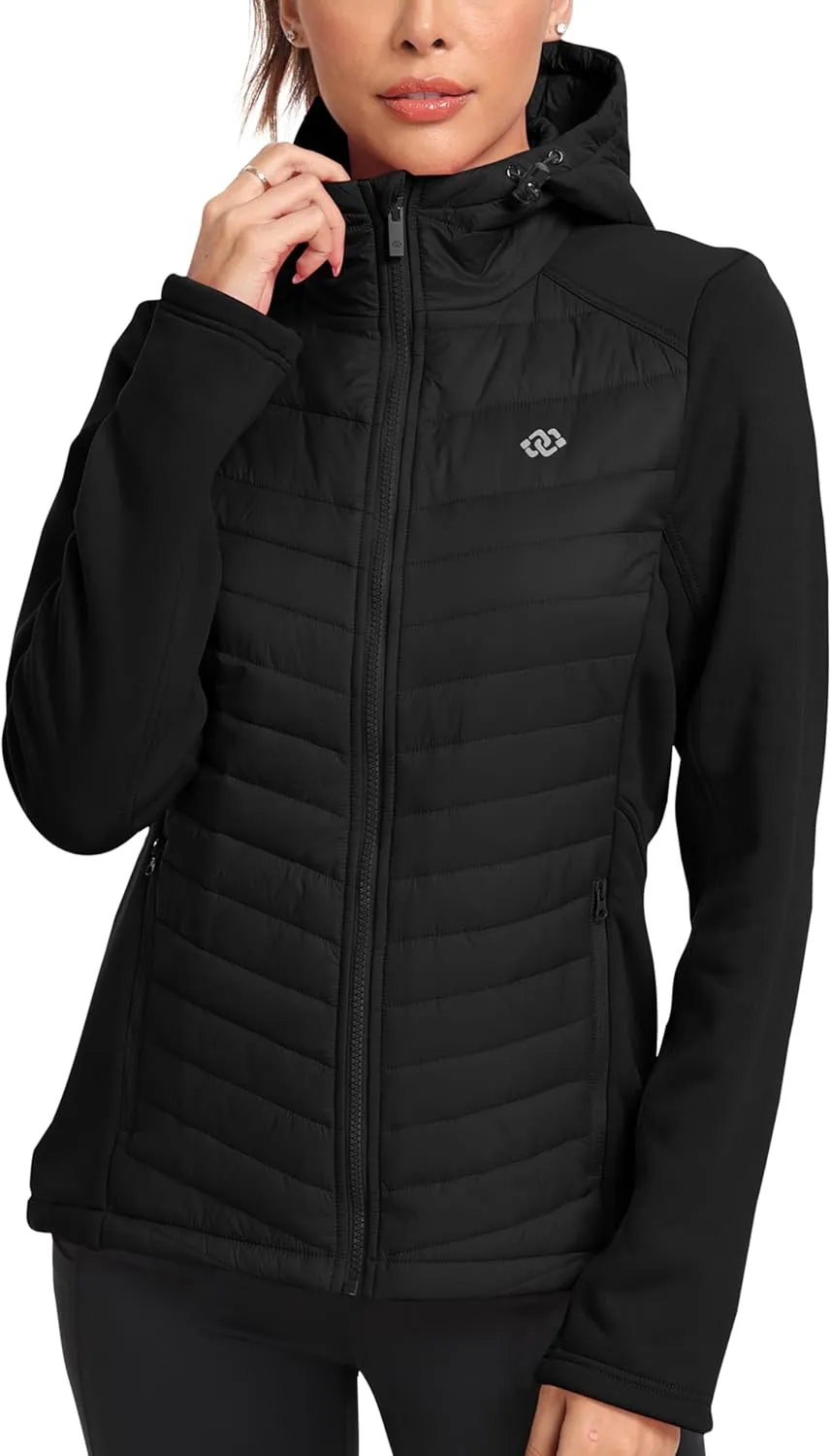 MoFiz Womens Fleece Lined Softshell Jacket Hooded Lightweight Insulated Puffer Hybrid Down Jacket Full Zip Running Coat