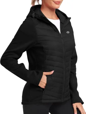MoFiz Womens Fleece Lined Softshell Jacket Hooded Lightweight Insulated Puffer Hybrid Down Jacket Full Zip Running Coat