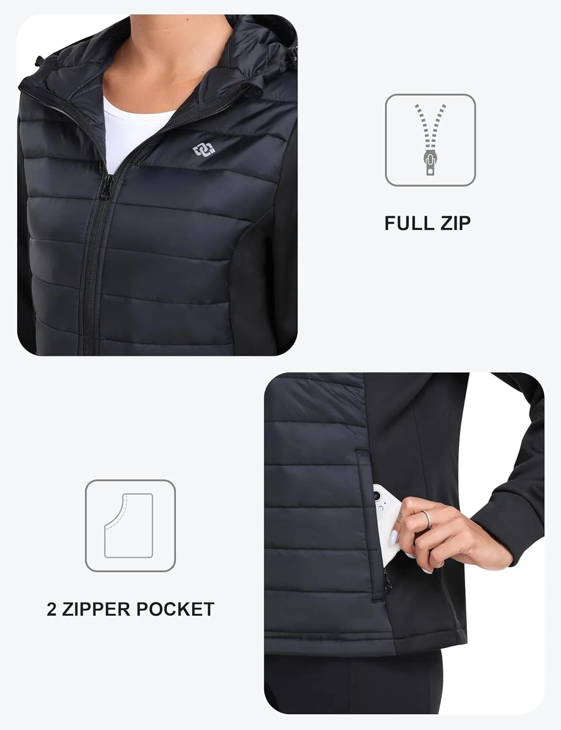 MoFiz Womens Fleece Lined Softshell Jacket Hooded Lightweight Insulated Puffer Hybrid Down Jacket Full Zip Running Coat