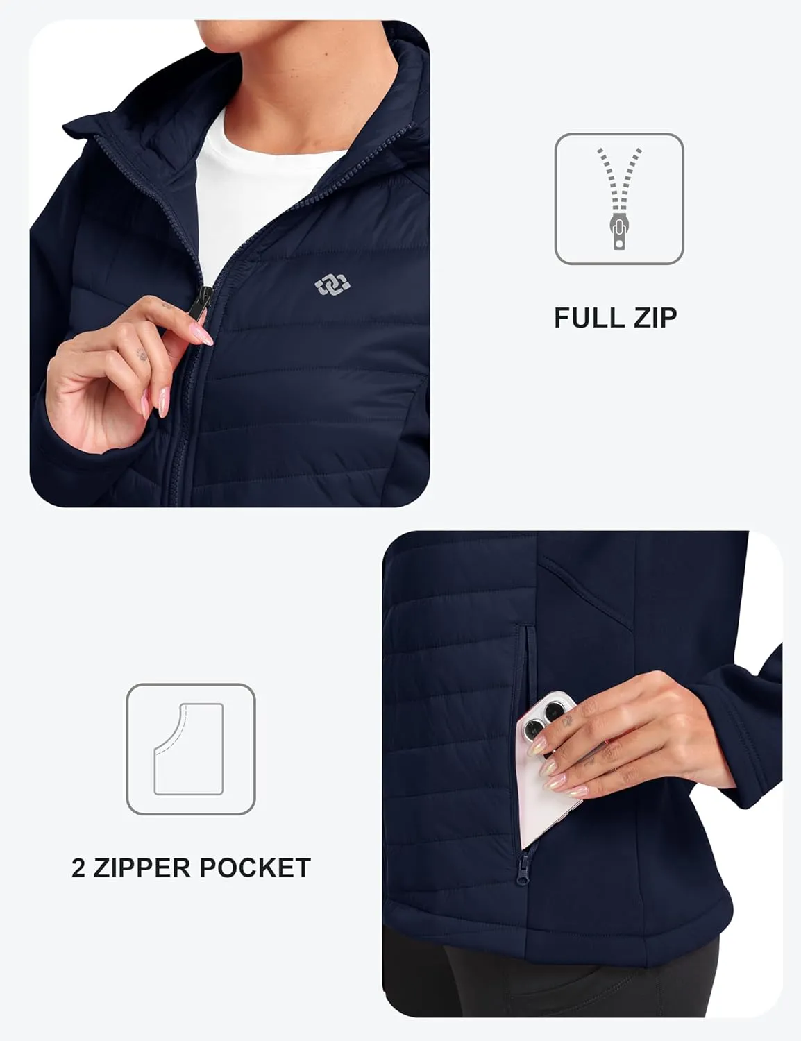 MoFiz Womens Fleece Lined Softshell Jacket Hooded Lightweight Insulated Puffer Hybrid Down Jacket Full Zip Running Coat