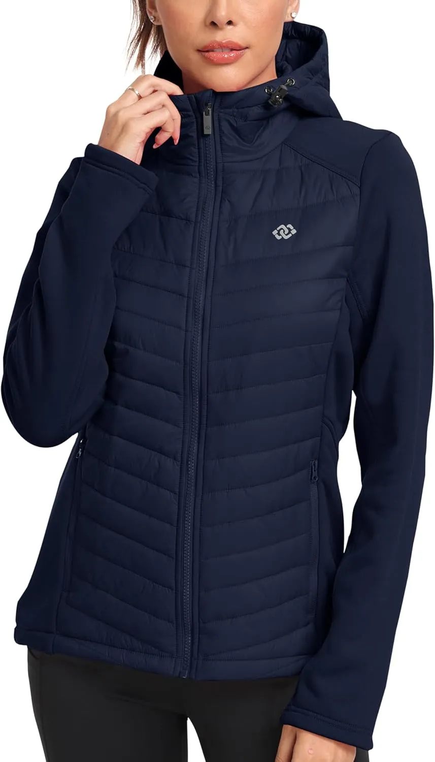 MoFiz Womens Fleece Lined Softshell Jacket Hooded Lightweight Insulated Puffer Hybrid Down Jacket Full Zip Running Coat