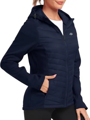 MoFiz Womens Fleece Lined Softshell Jacket Hooded Lightweight Insulated Puffer Hybrid Down Jacket Full Zip Running Coat