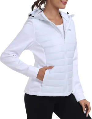 MoFiz Womens Fleece Lined Softshell Jacket Hooded Lightweight Insulated Puffer Hybrid Down Jacket Full Zip Running Coat