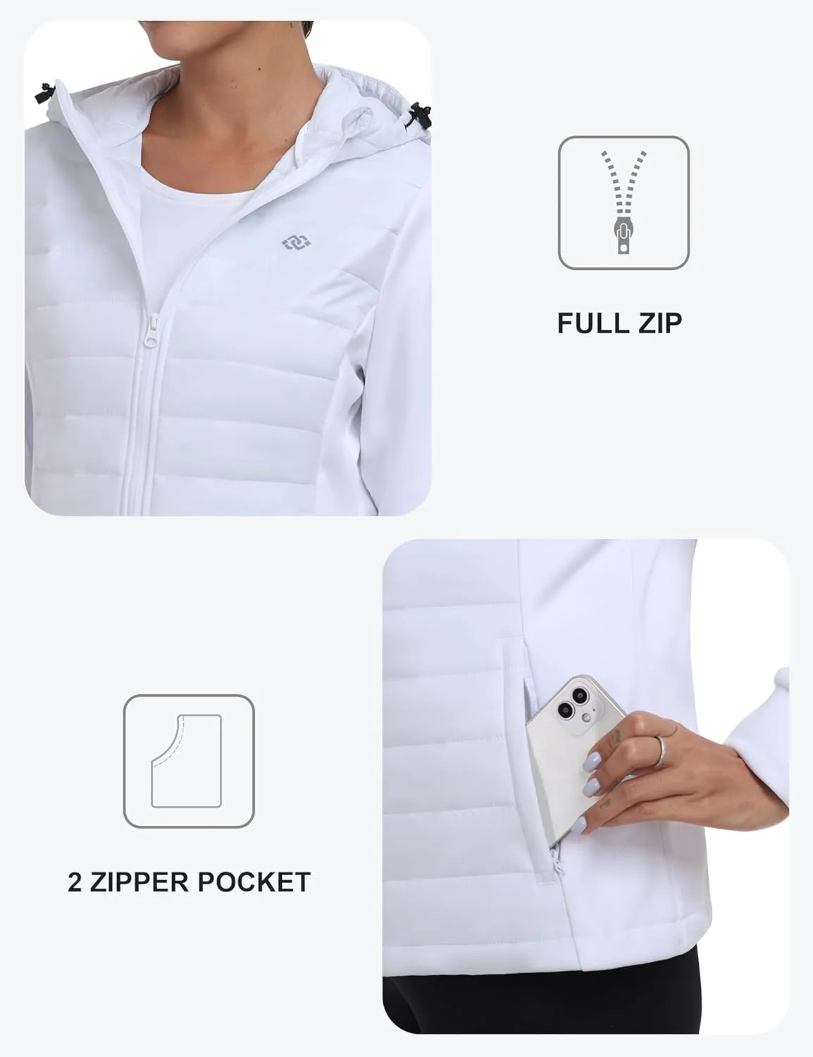 MoFiz Womens Fleece Lined Softshell Jacket Hooded Lightweight Insulated Puffer Hybrid Down Jacket Full Zip Running Coat