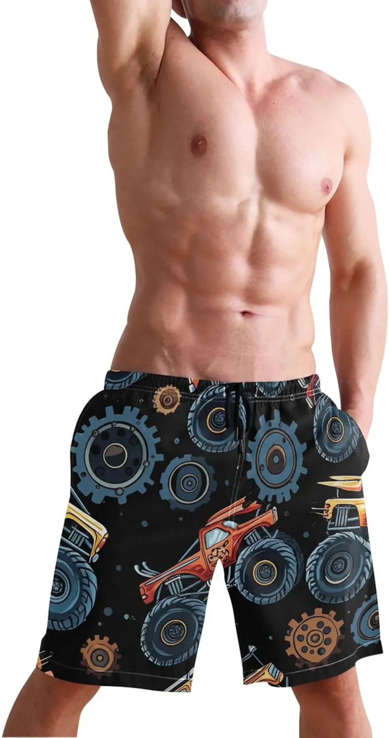 Monster Trucks Gears Black Mens Swim Trunks Funny Elastic Quick Dry Surf Beach Swimming Shorts S